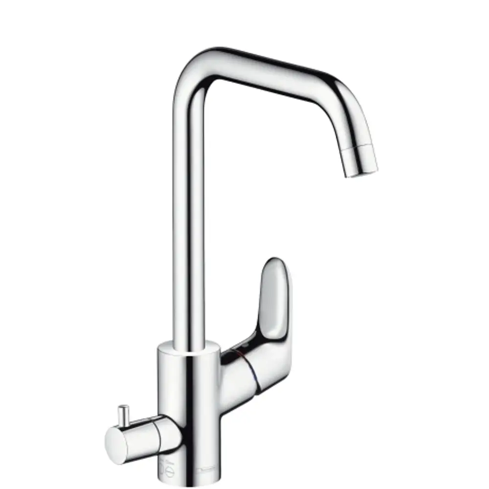 Hochglänzender Spültischmischer aus Chrom mit einem seitlichen Hebel zur Wassersteuerung. Aluminiumdetail in der Basis. Modell von Hansgrohe.